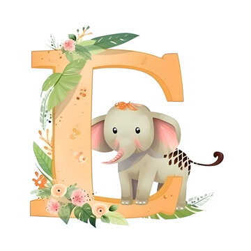 Font design for uppercase letter E with elephant and flowers illustration