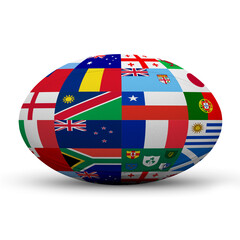 Isolated rugby ball printed with the flags of the qualified teams of Rugby World Cup 2023. 3D illustration