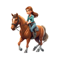 Foto op Canvas Young girl riding a horse isolated on white background. Cartoon character. © Ehtisham