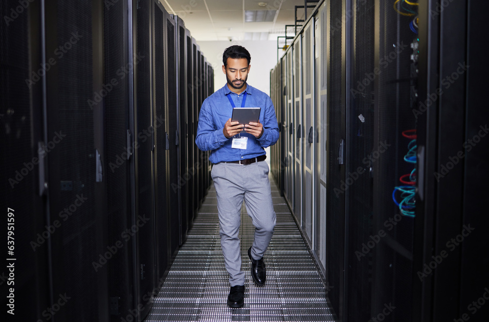 Aufkleber Tablet, man and engineer in data center on research for programming on app. Information technology, inspection and technician in server room reading, network maintenance or typing code for software