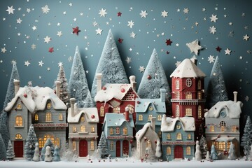  A captivating winter scene featuring charming houses adorned with twinkling lights, surrounded by a festive atmosphere that evokes the enchantment of the holiday season. Generative Ai.