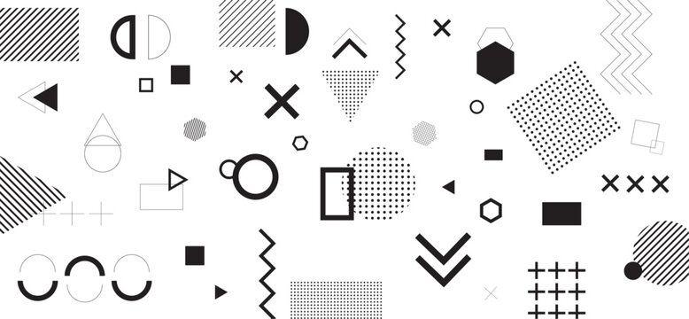 A big set of geometrical figures in black and white colors pattern for wallpapers, backgrounds, fabrics, packaging, 