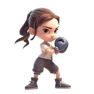 3D rendering of a cute cartoon girl with boxing gloves on white background