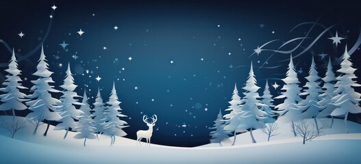 Winter landscape with paper cut-out deer. Starlit night sky. Concept of Christmas enchantment.