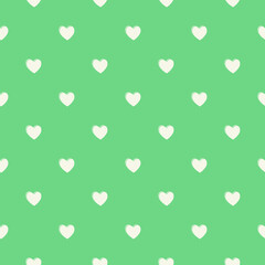 Seamless white heart pattern on green background.Simple heart shape seamless pattern in diagonal arrangement. Love and romantic theme background.