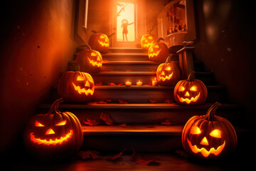 Halloween orange carved jack lantern pumpkins and decorations at outdoor night