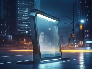 Glass metal bus stop design with empty panel for billboard in futuristic city - obrazy, fototapety, plakaty