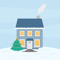 Christmas two-storey house in cartoon flat style