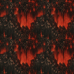 Gruesome Halloween seamless background pattern, pit of tormented souls, woodcut inspired