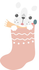 merry christmas and happy new year with cute dog in sock, flat png transparent element cartoon character design