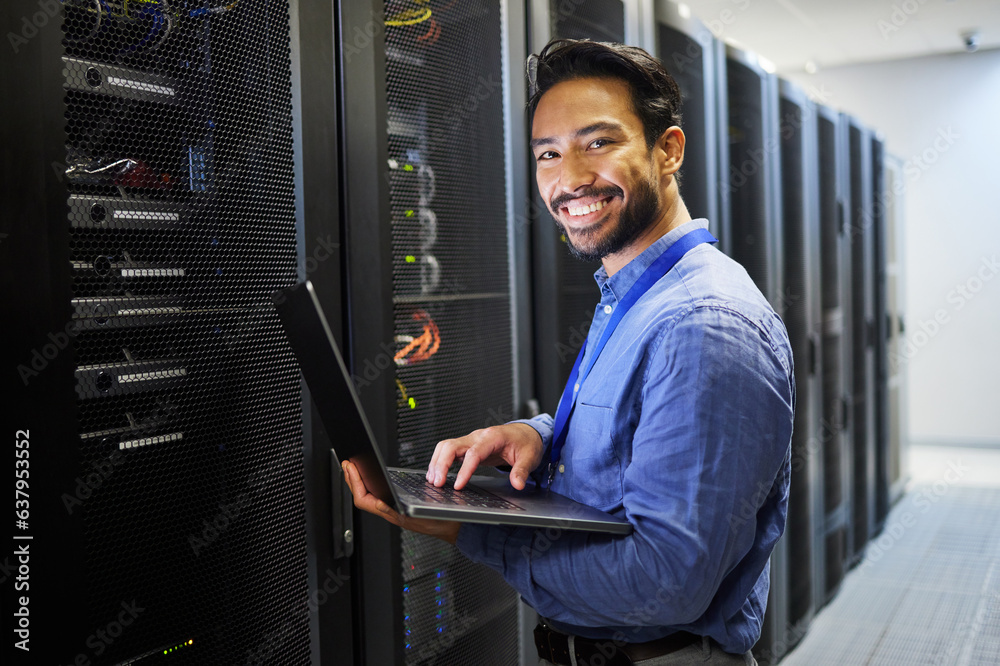 Aufkleber Man, engineering computer and server room, data center and portrait for system solution, electrician inspection or cybersecurity. IT person on laptop internet upgrade, business network or programming