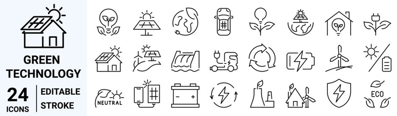 Set of 24 line icons of solar energy. Green Technology. hydroelectric power plant, solar panels, fossil fuel. Vector illustration. Outline icon. Editable stroke.