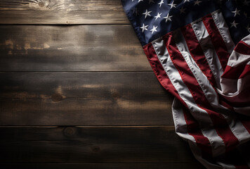 veterans day celebration. American flag on wooden background with copy space for your text. Top view.
