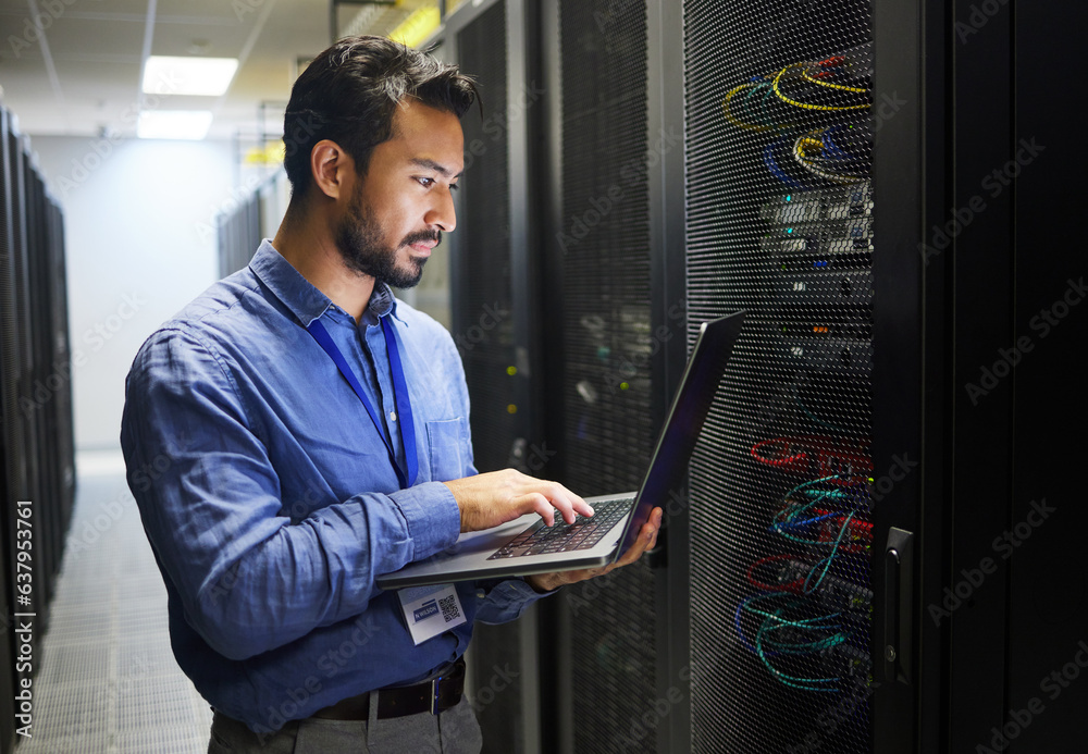 Poster Man, engineering laptop and data center, server room inspection or system solution, coding and business network. IT person on computer for tech upgrade, gdpr programming and hardware problem solving