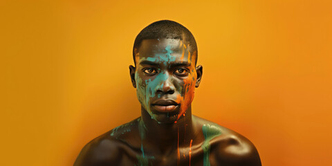 Fototapeta na wymiar Portrait of an African man covered in green and orange paint against an orange background.