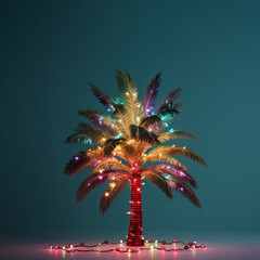 Palm tree covered with Christmas light. Minimal tropical Christmas concept.