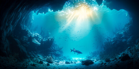Immerse yourself in the mesmerizing beauty of the underwater sea Experience the enchanting blue sunlight seeping through the depths Immerse yourself in a world of tranquility - obrazy, fototapety, plakaty