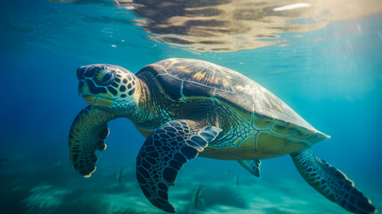 Obraz na płótnie Canvas Sea turtle underwater, blue clear water, sun's rays make their way through water. Underwater world. Sea inhabitants. Generated by AI