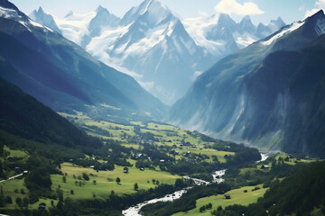 Fototapeta premium Mountains valley village, beautiful landscape in the french alps, view of mountain's traditional cottages on the snow mountains background. AI Generative