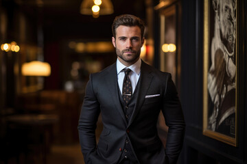 Fototapeta premium A Sophisticated Gentleman Contemplating Curated Art: A Confident Man in a Suit and Tie Standing in front of a Thought-Provoking Picture, Showcasing Leadership and Intellectual Aesthetics