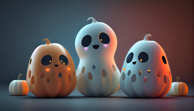 Cute Halloween ghosts with beautiful kind pumpkins in delicate colors, Ai generated image