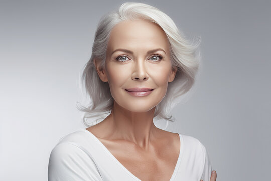 Attractive gorgeous mature older woman looking at camera isolated on white background advertising skincare spa treatment. Mid age tightening face skin care rejuvenation cosmetics concept. Portrait
