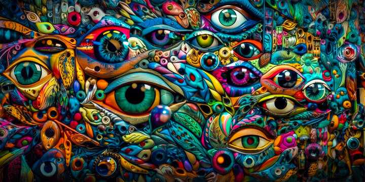 An art installation depicting hundreds of eyes Designed to create an ultra-maximal visual experience Walls come alive and mesmerizing with this unique concept