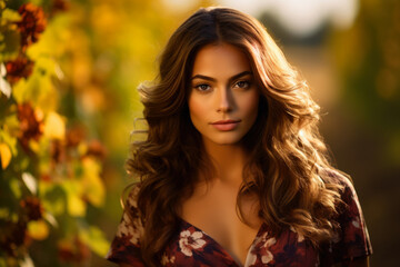 Naklejka premium Enchanting Portrait of a Captivating Woman Amidst the Serene Beauty of a Vineyard
