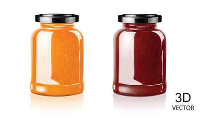 vector illustration dark red and yellow color fruits jam bottles design template on the white background isolated.