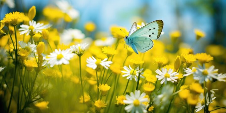 Cheerful buoyant spring summer shot of yellow Santolina flowers and butterflies in meadow in nature outdoors on bright sunny day. Generative AI