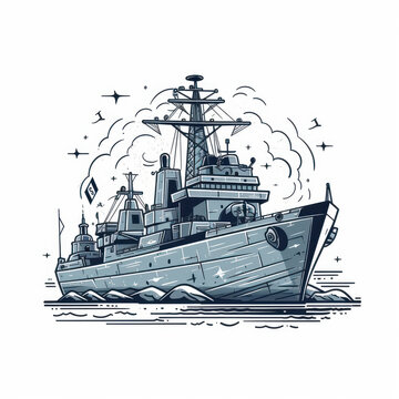 Illustration of a battleship sailing on the high seas. Generative AI.