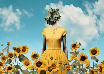 Minimalistic collage of yellow dress on a mannequin and sunflowers with green leaves on blue sky background. Surreal collage-style paintings