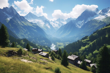 Fototapeta na wymiar Mountains valley village, beautiful landscape in the french alps, view of mountain's traditional cottages on the snow mountains background. AI Generative