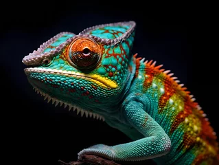 Foto op Canvas Chameleon close-up on black background，colorful animal close up © LeoOrigami