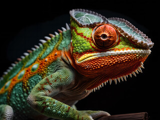 Fototapeta premium Chameleon close-up on black background，colorful animal close up
