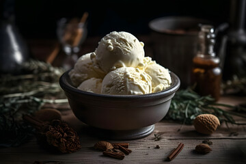 sweet, creamy vanilla ice cream with winter atmosphere