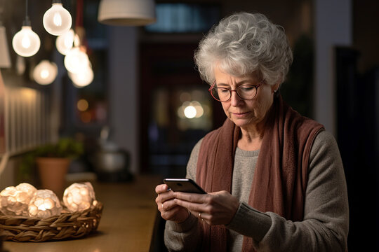 Older woman operating a smartphone indoors. Concept of technology and old age, digital divide.