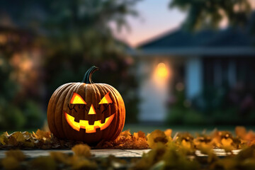 Fototapeta premium Halloween Orange Pumpkin head with light inside on the garden background, AI Generated.