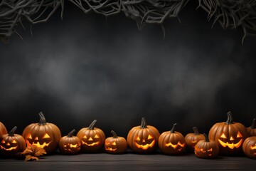 Festive autumn decor from pumpkins and leaves on wooden background with copy space, AI Generated