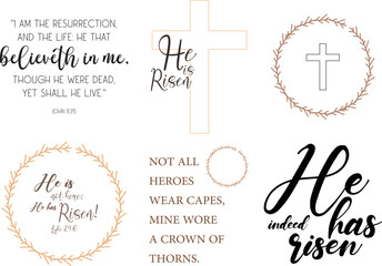 Easter Biblical quotes set, Scripture Bundle, He is risen, Christian signs, Cross and Crown, Easter Bible Verses pack, vector illustration