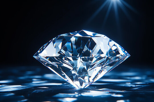 A close-up of the king of gemstones, a large shiny diamond that shines brightly in black background. Important event concept suitable for engagement or marriage.