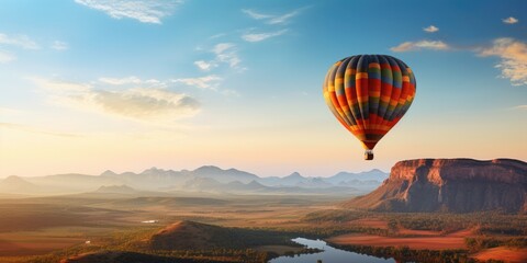Hot air balloon floats peacefully over a serene landscape. Generative AI