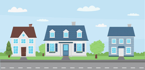 Summer city street in cartoon flat style