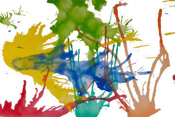 Abstract green blue yellow red orange watercolor splash on background.
