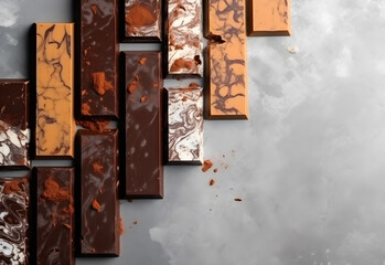 Pieces of delicious chocolate on grey background, top view. Space for text