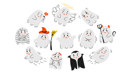 set of cute ghosts, doodle halloween, ghost, cute ghost, doodle ghost, halloween ghost