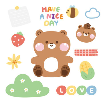 Naklejka Set of cute teddy bear with tiny icon.Pastel color.Wild animal character cartoon design collection.Image for card,poster,sticker.Kawaii.Vector.Illustration