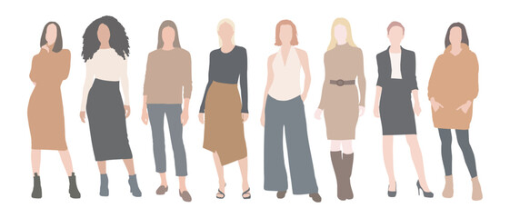 Group of women standing, ladies silhouettes vectors. 