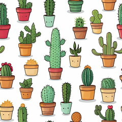 Seamless Pattern of Cute Cactus Doodle
