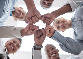 Hands fist bump, group circle and business people celebrate community support, synergy or happy...